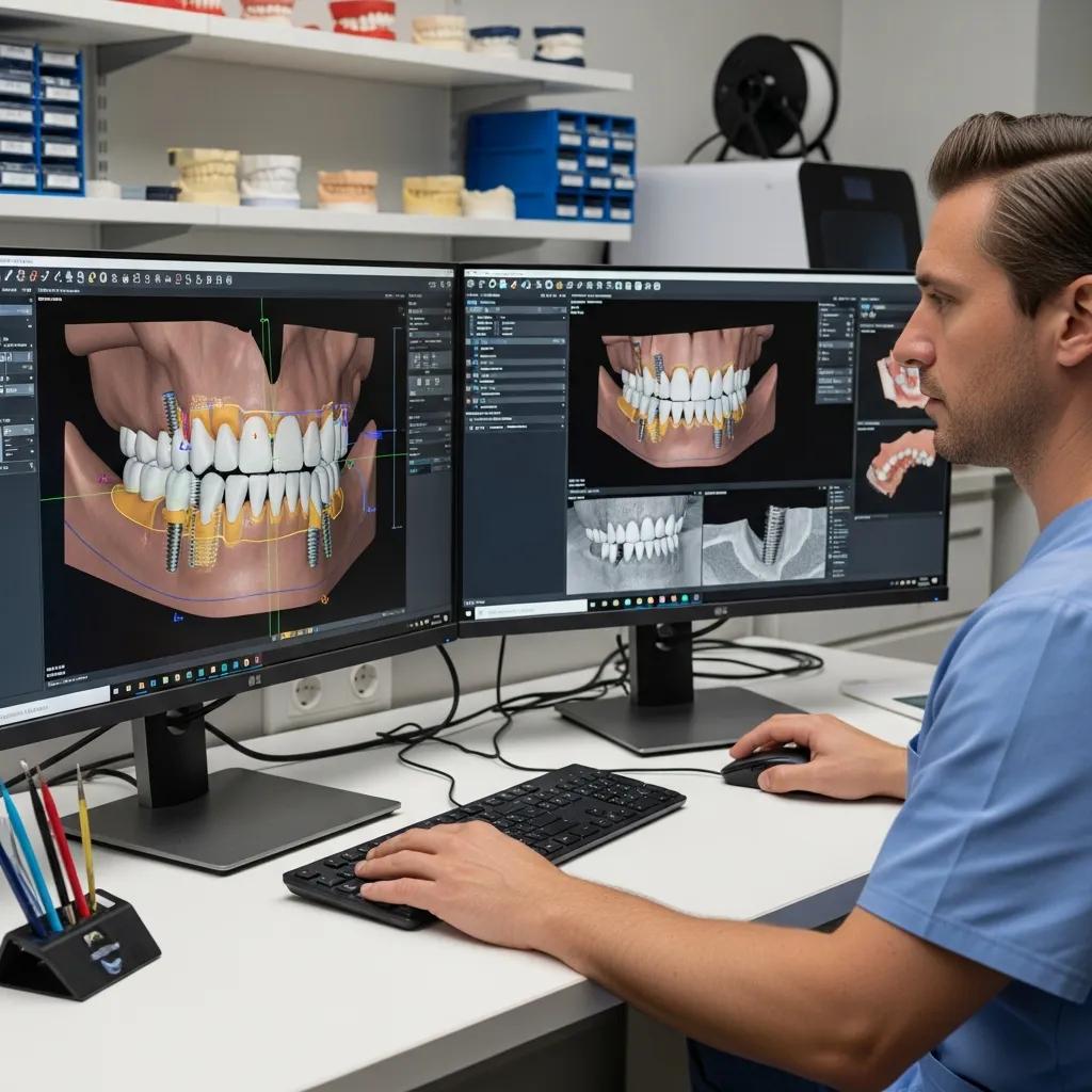Dental technician using 3D imaging software for All-on-4 implant planning in a dental lab