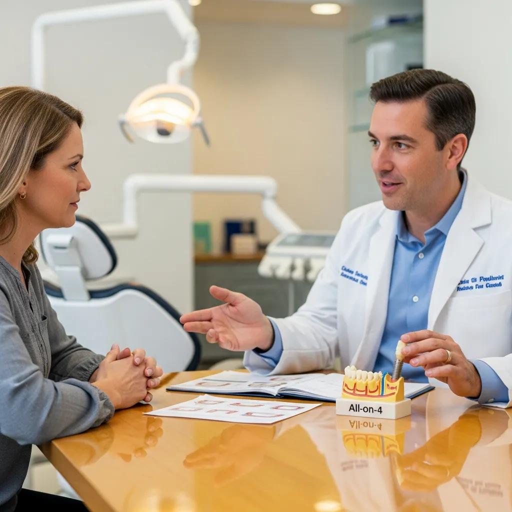 Dentist explaining All-on-4 dental implant options to a patient during a consultation