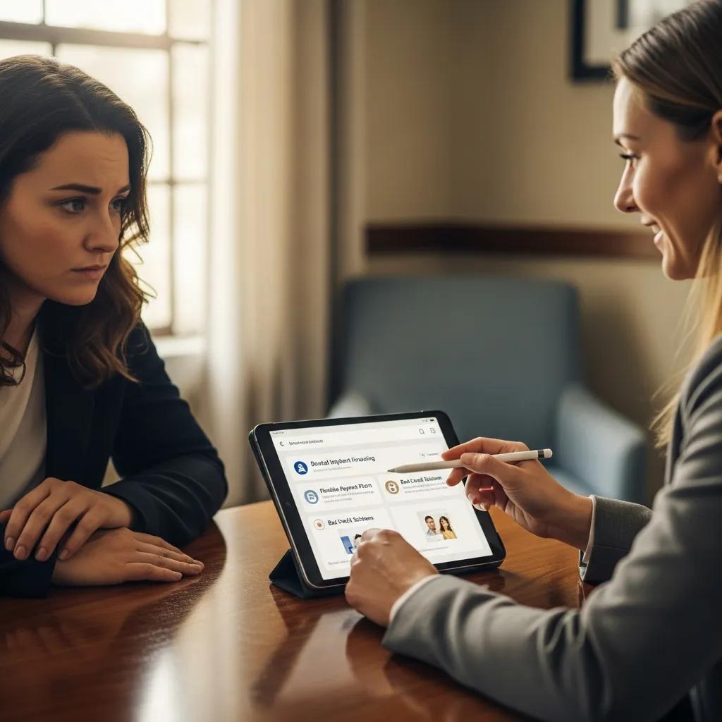 Individual consulting with a financial advisor about dental implant financing solutions for bad credit