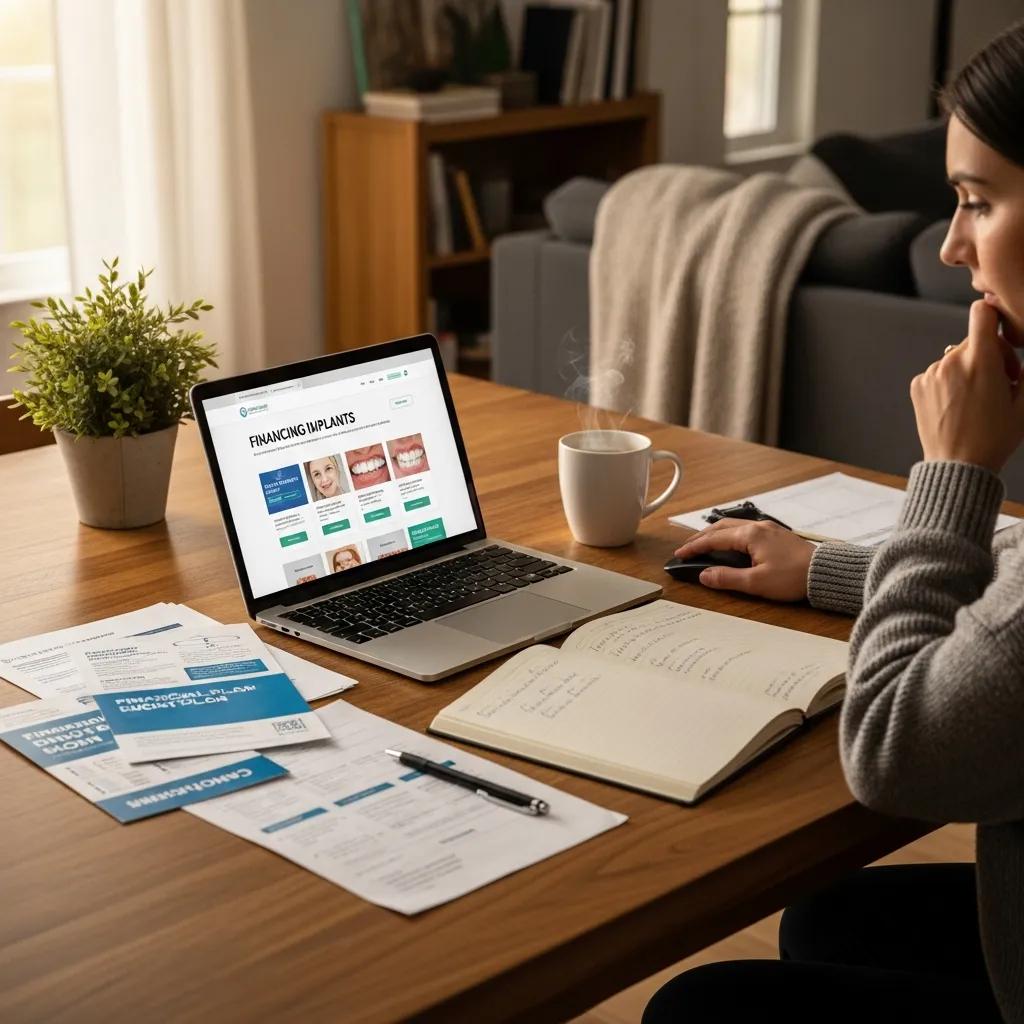 Person reviewing dental implant financing options at home with paperwork and a laptop