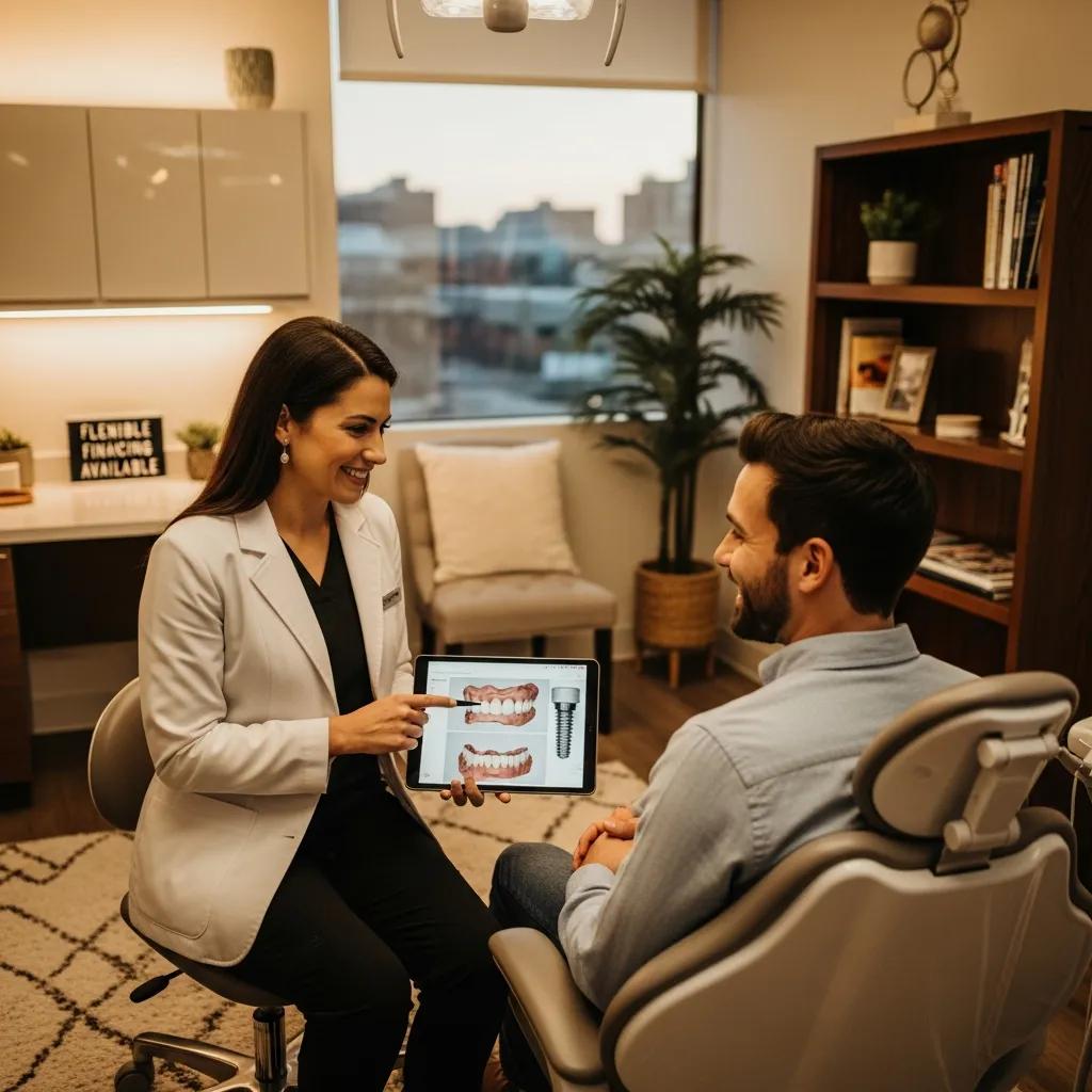Smiling patient discussing dental implant loans with a dentist in a cozy dental office